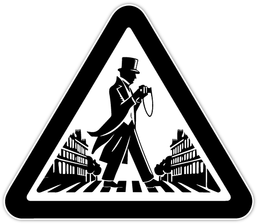 Logo Flaneur at Work - Monochromatic vector-styled logo featuring a triangular road sign with a silhouette of a 19th-century flaneur walking reflectively, holding a stylized camera in hand